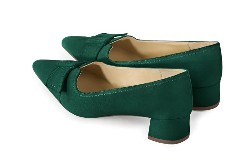 Forest green women's dress pumps, with a knot on the front. Tapered toe. Low flare heels. Rear view - Florence KOOIJMAN